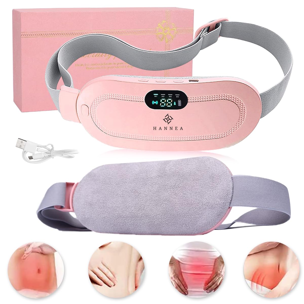 HANNEA Electric Cordless Heating Pad for Period Pain, Cramp Relief, Back Pain in Period, Belly Warmer Heating Pad with 4 Heat Levels 4 Vibration Modes, Caring Gift Heating Pad Belt for Women HANNEA Electric Cordless Heating Pad for Period Pain, Cramp Relief, Back Pain in Period, Belly Warmer Heating Pad with 4 Heat Levels 4 Vibration Modes, Caring Gift Heating Pad Belt for Women